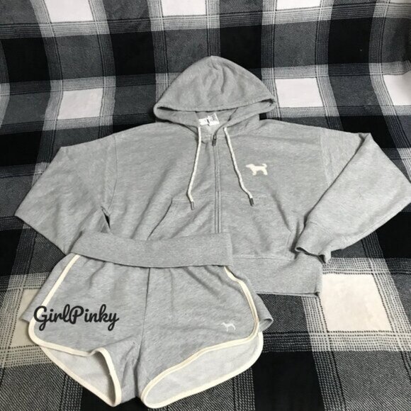 VS PINK IVY TERRY SHORTS OUTFIT & FULL ZIP IN GREY WITH LOGO ON THE BUTT XS-XXL - Picture 2 of 7